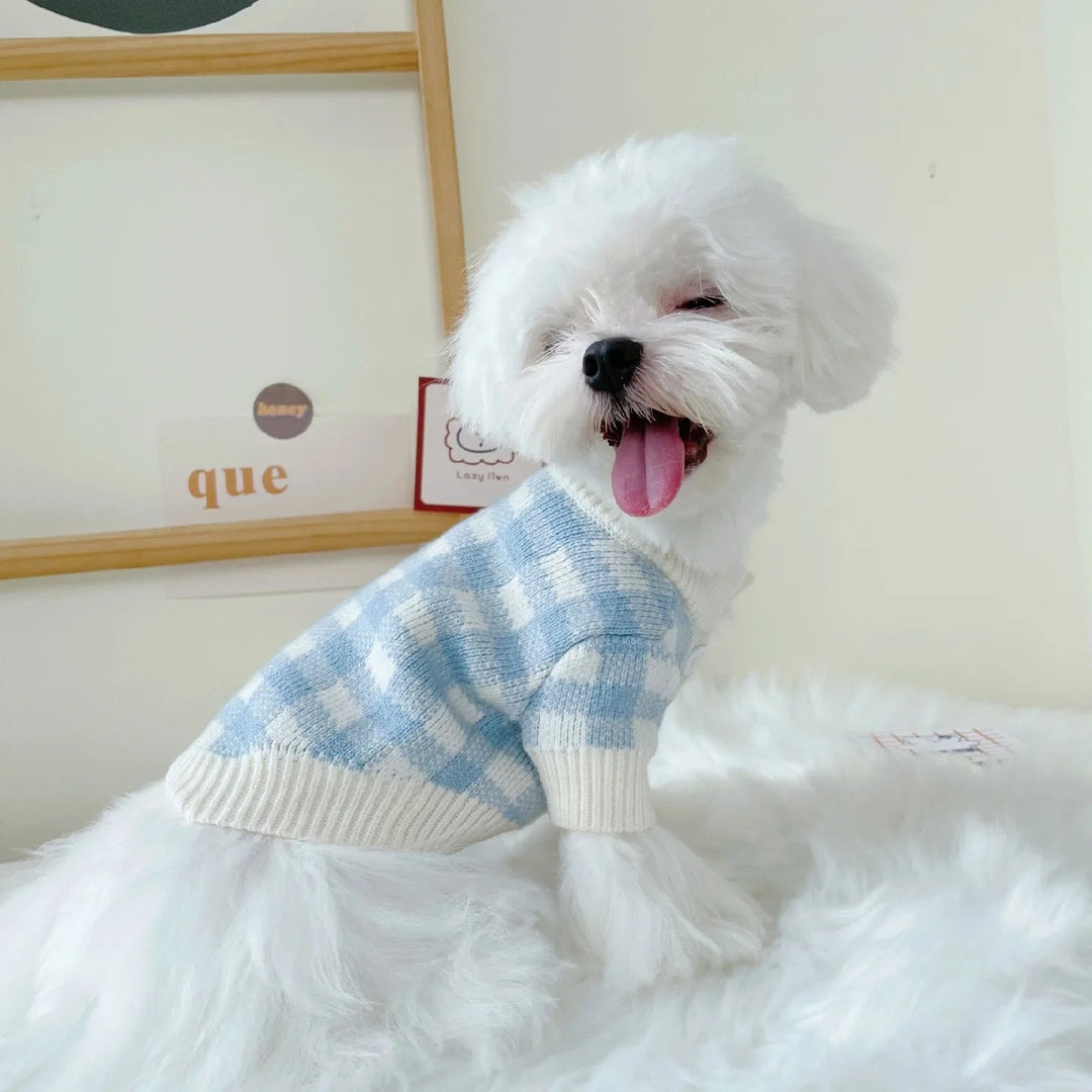 Blue Grid Sweater Pet Clothing Puppy Dog Cardigan Clothes Teddy VIP Cat Bichon Small Dog Autumn Winter Cat Sweater Pet Coat Blue - Pawtique