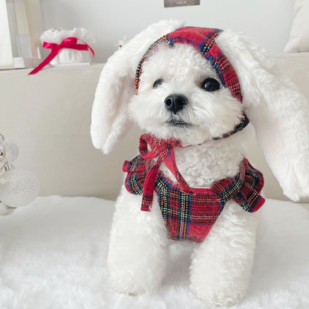 Cute Rabbit Red Plaid Dog Dress Set - Pawtique