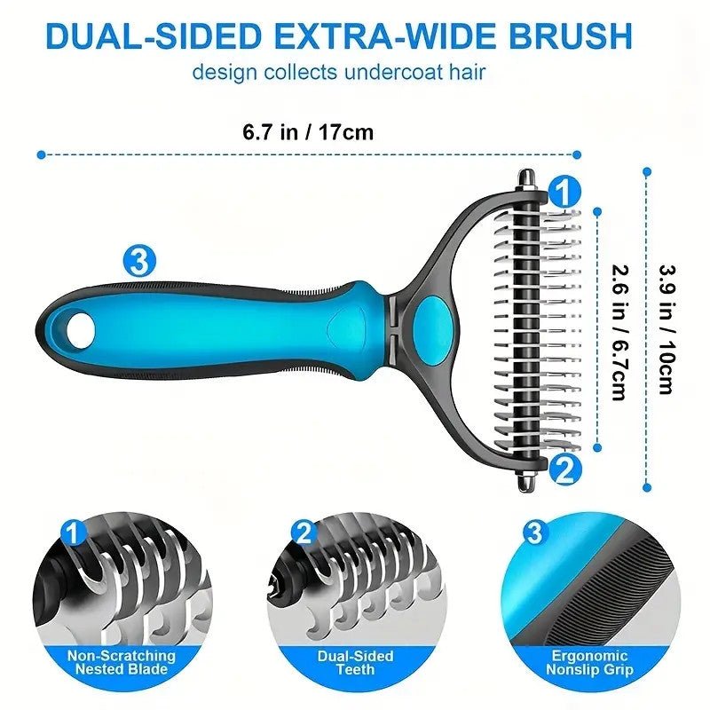 Double - Sided Pet Grooming Brush - Perfect for Shedding & Matting - Extra Wide & Blue - For Dogs & Cats! - Pawtique