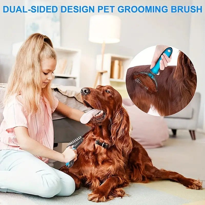 Double - Sided Pet Grooming Brush - Perfect for Shedding & Matting - Extra Wide & Blue - For Dogs & Cats! - Pawtique