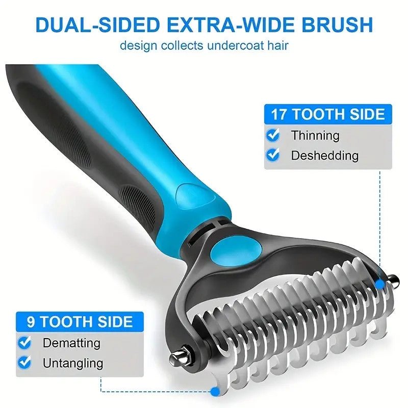 Double - Sided Pet Grooming Brush - Perfect for Shedding & Matting - Extra Wide & Blue - For Dogs & Cats! - Pawtique