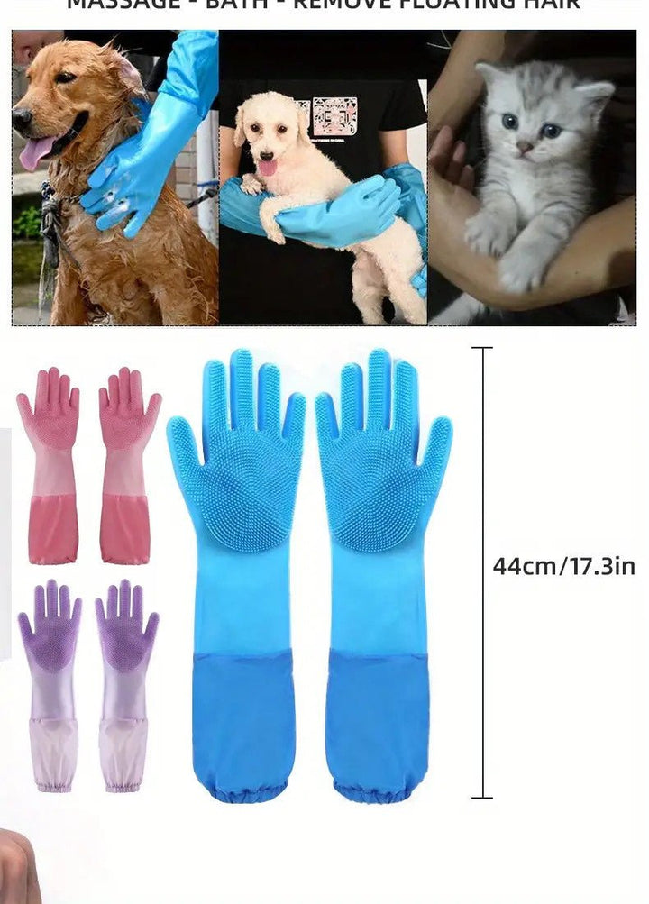 Pet Bathing Gloves - Grooming and Massage Brush for Dogs and Cats - Extra Long - Durable and Gentle on Skin - Pawtique