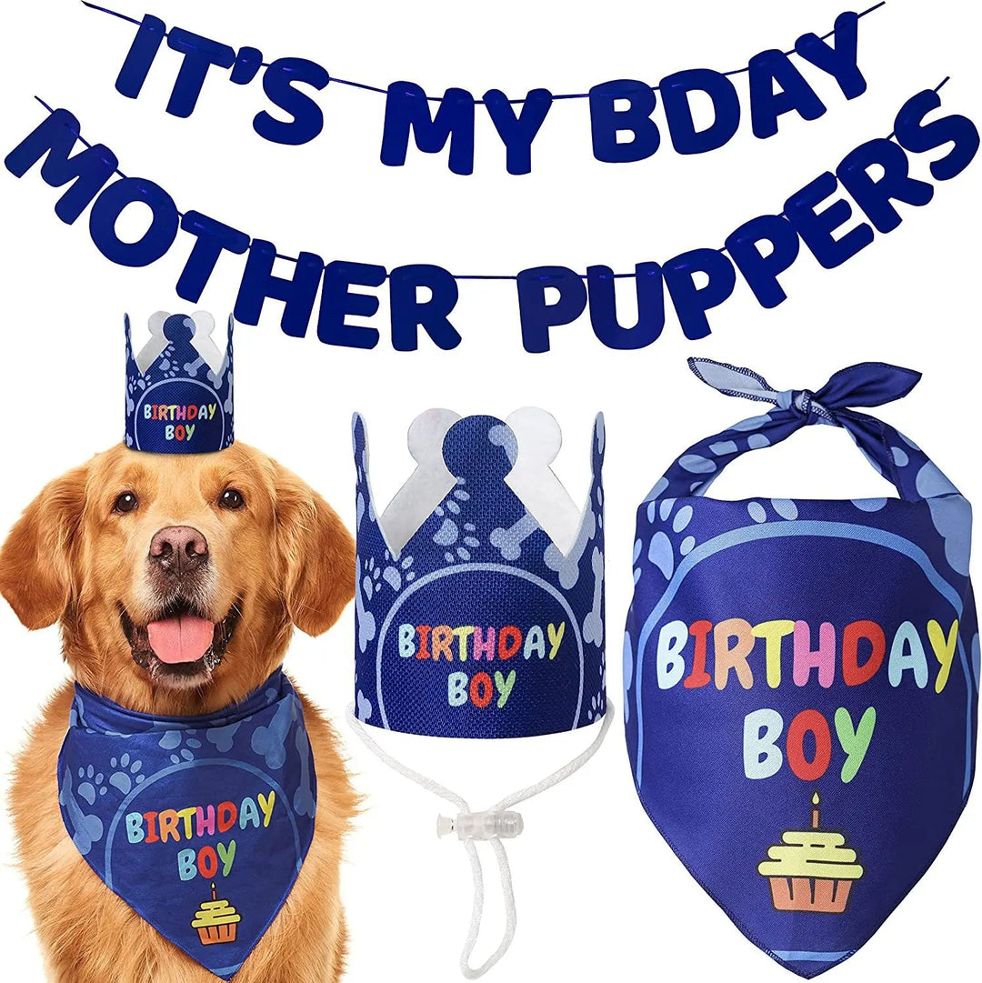 Pet Birthday Party Decoration Hanging Banner Hat Cap Headgear Neckerchief Bib - Pawtique